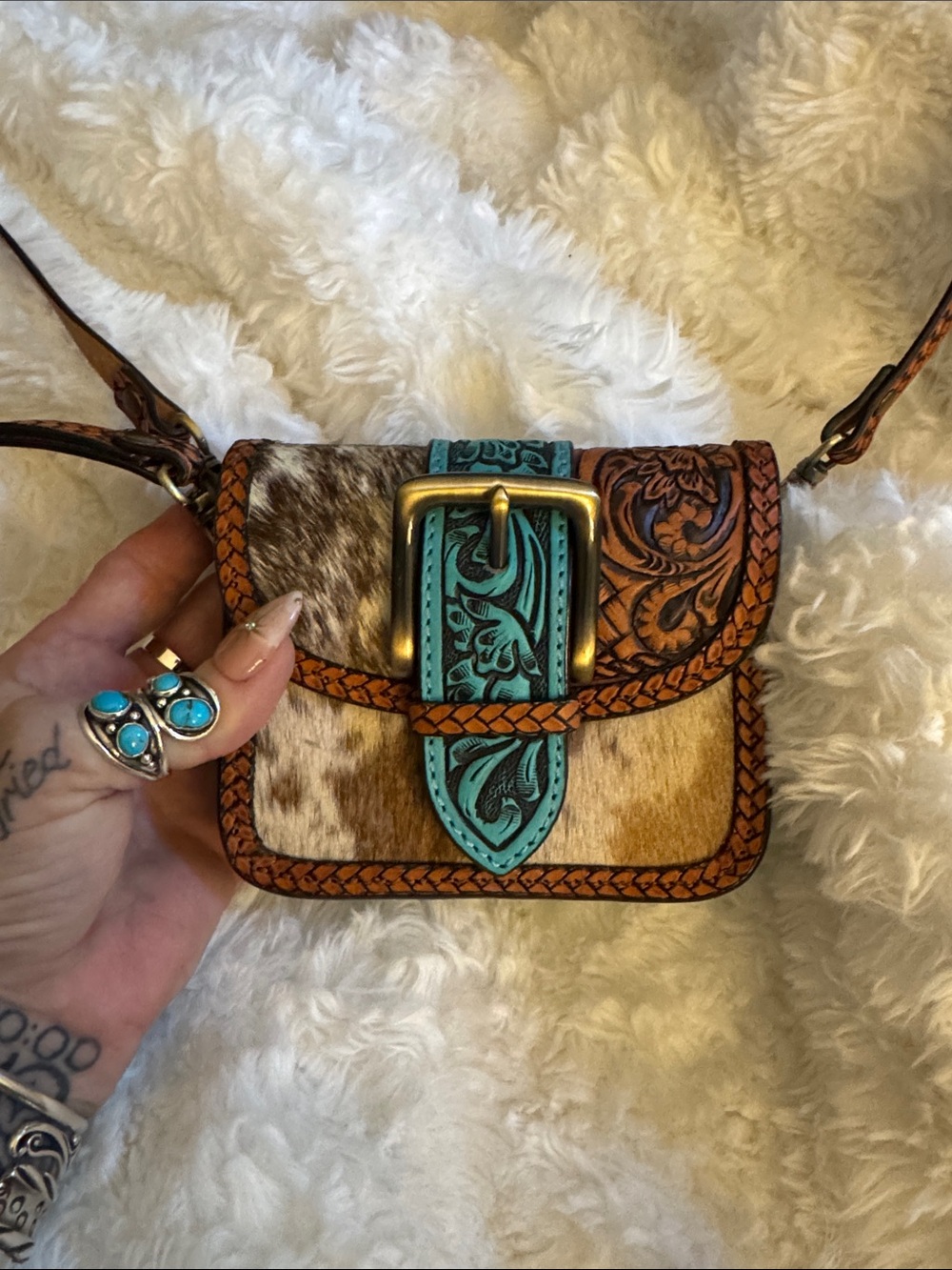 Turquoise Buckle Hair-On tooled Leather mini Crossbody Bag with wristlet